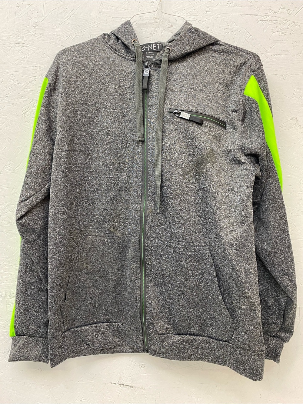 Grey Hooded Zip Jacket with Neon Green Accents G-Net Size Large